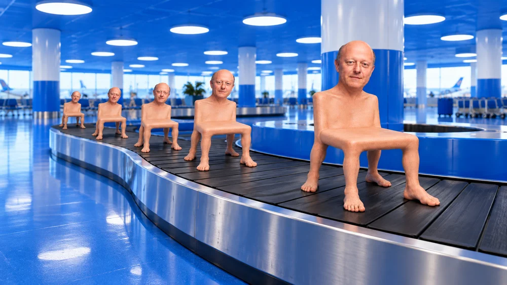 Identical skin chairs ride an airport baggage carousel